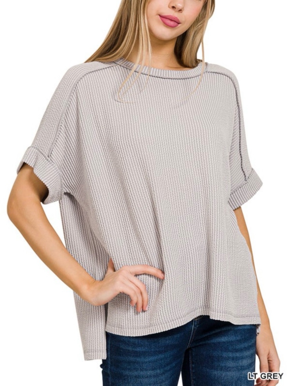 NEW Zenana Lt Gray Ribbed Top L/XL